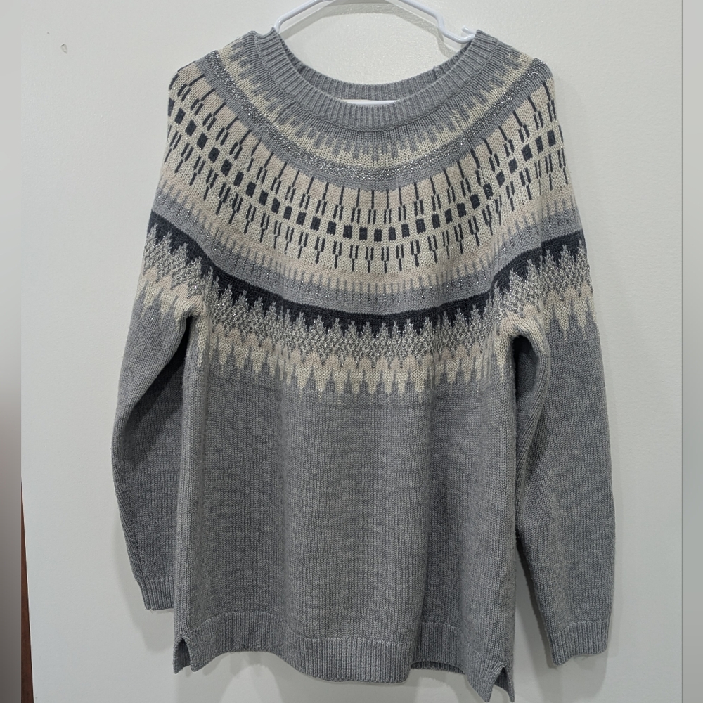 Boden Gray and Cream Nordic Yoke  Crewneck Sweater Size L Wool/Cashmere Pullover